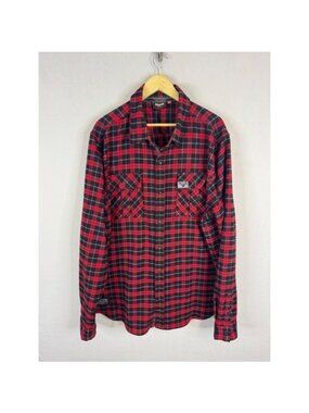 Victory Motorcycles Mens XL Red Black Plaid Flannel Button Down Shirt Stretch